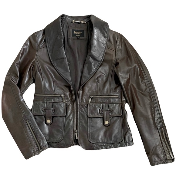 Laundry by Shelli Segal, Brown Leather Jacket with Detachable Fur Collar - Picture 4 of 14
